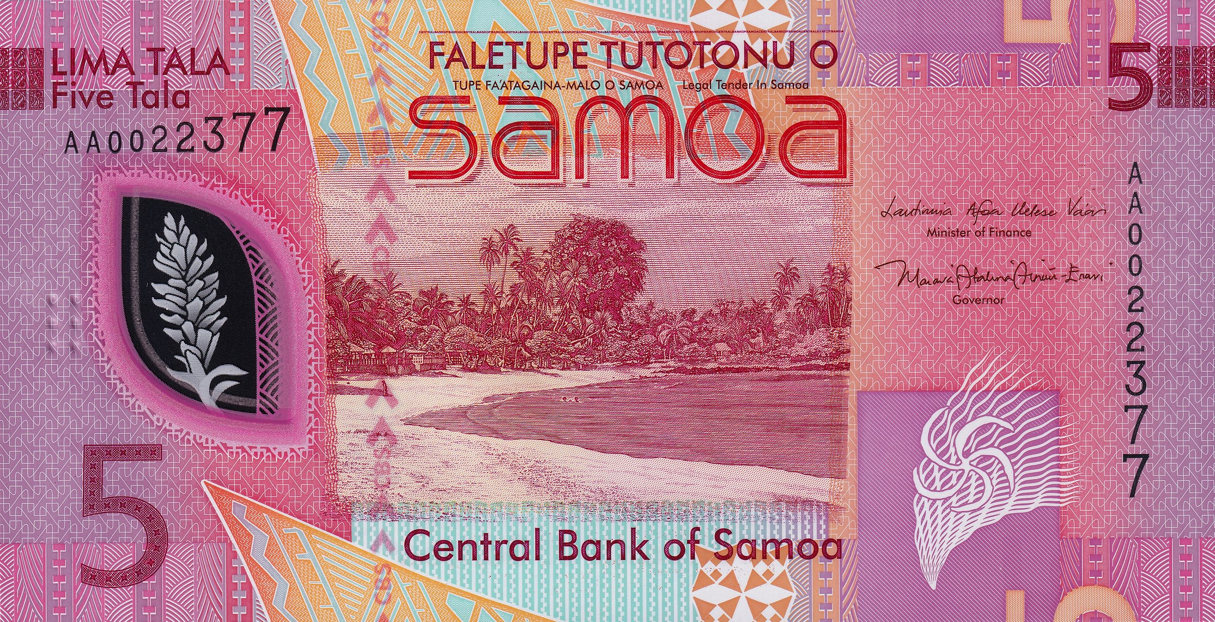 Samoa P-47 P-W47 B123 5 Tala ND 2023 UNC—Polymer—Beach—R. L. Stevenson
