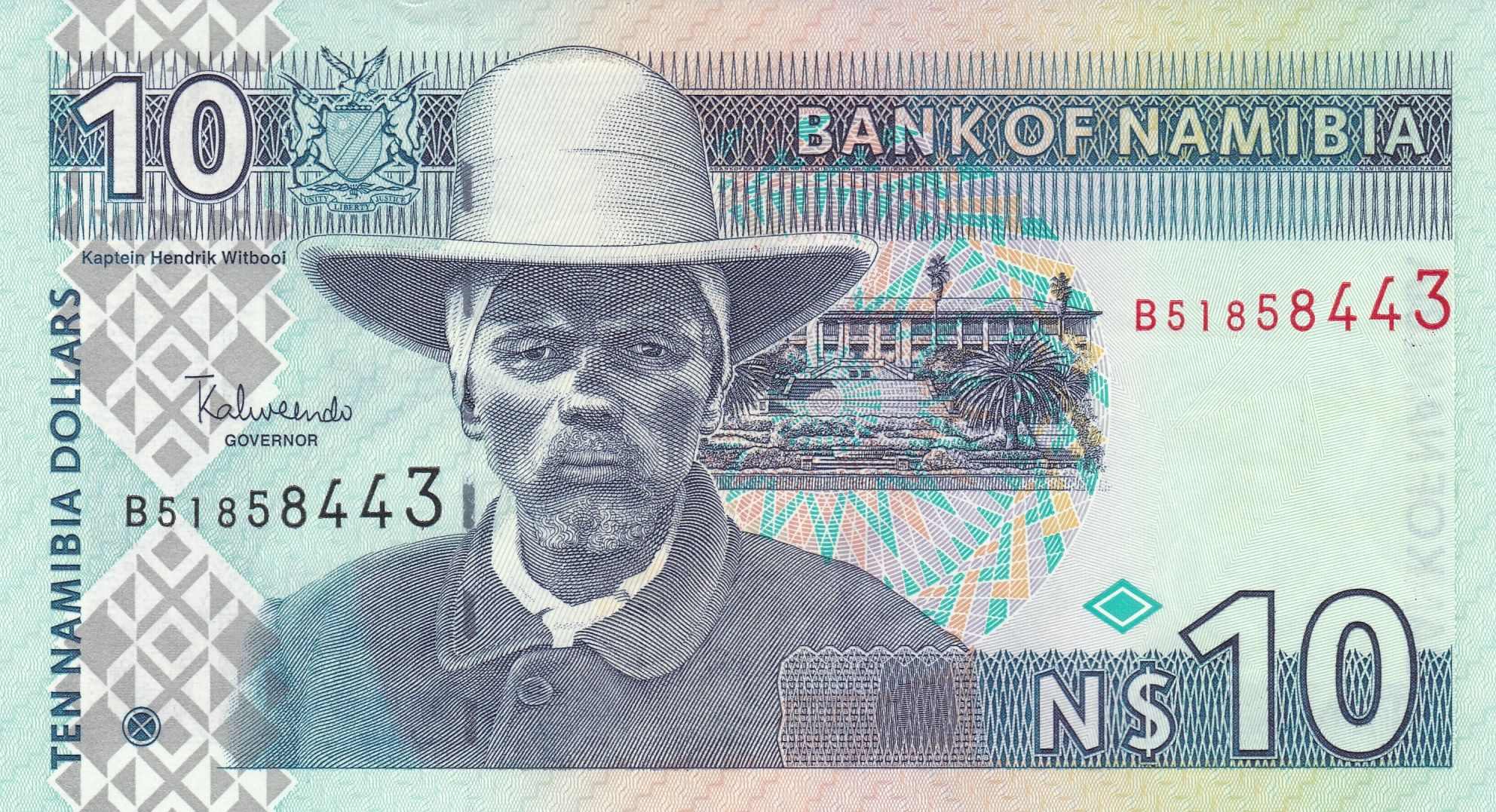Namibia P-4 10 dollars 2001 UNC | Captain Hendrik Witbooi ("hat guy") | springbok antelope
