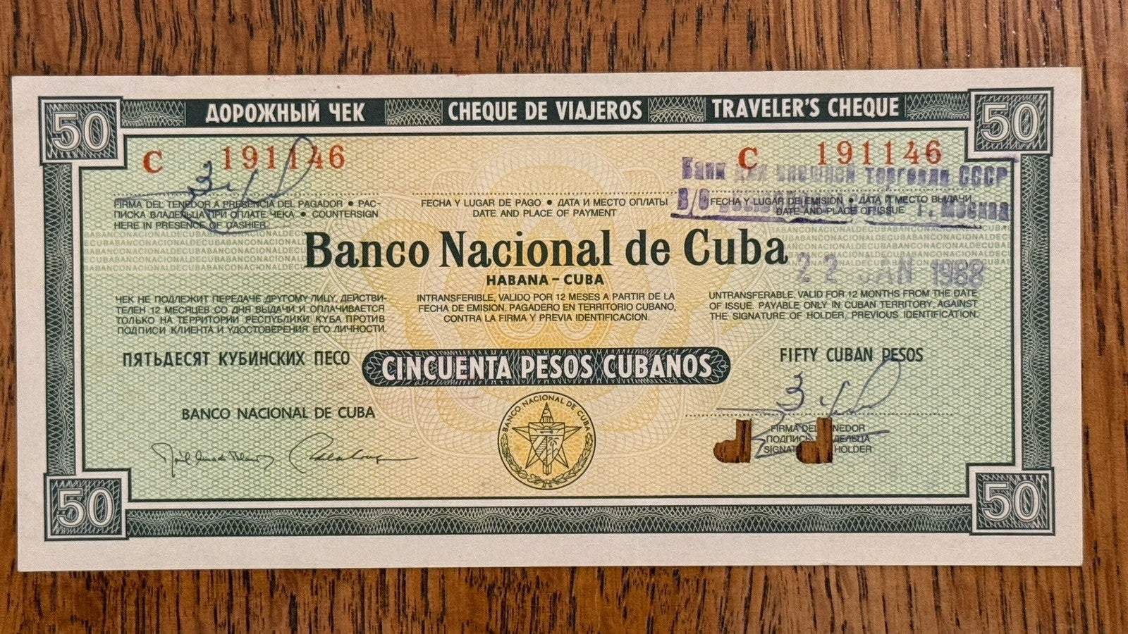 Caribbean Travelers Check  50 pesos used by Eastern Bloc tourists