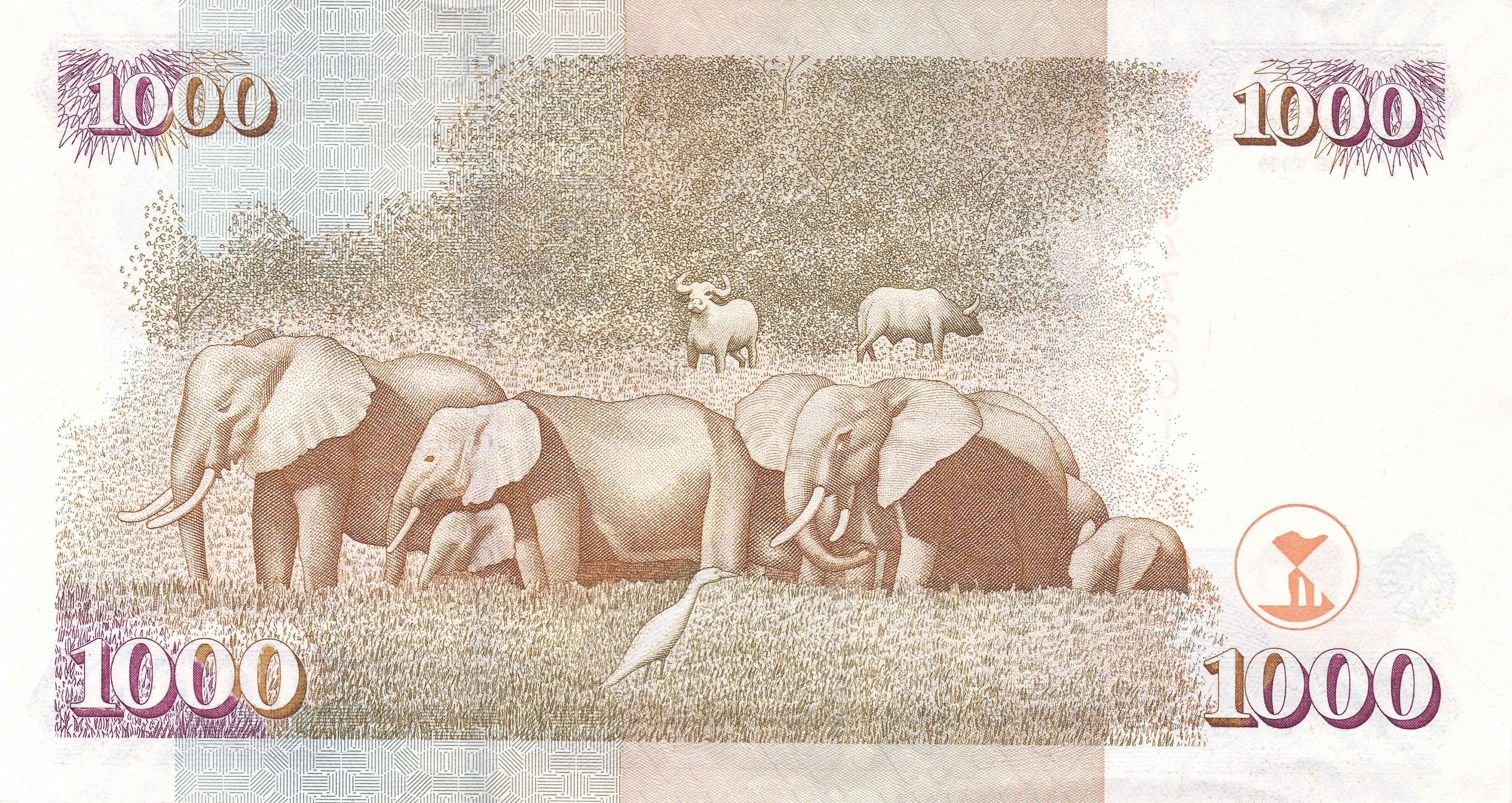 Kenya P-51e 1000 shillings 2010 VF Very Fine｜elephants, water buffalo｜Jomo Kenyatta