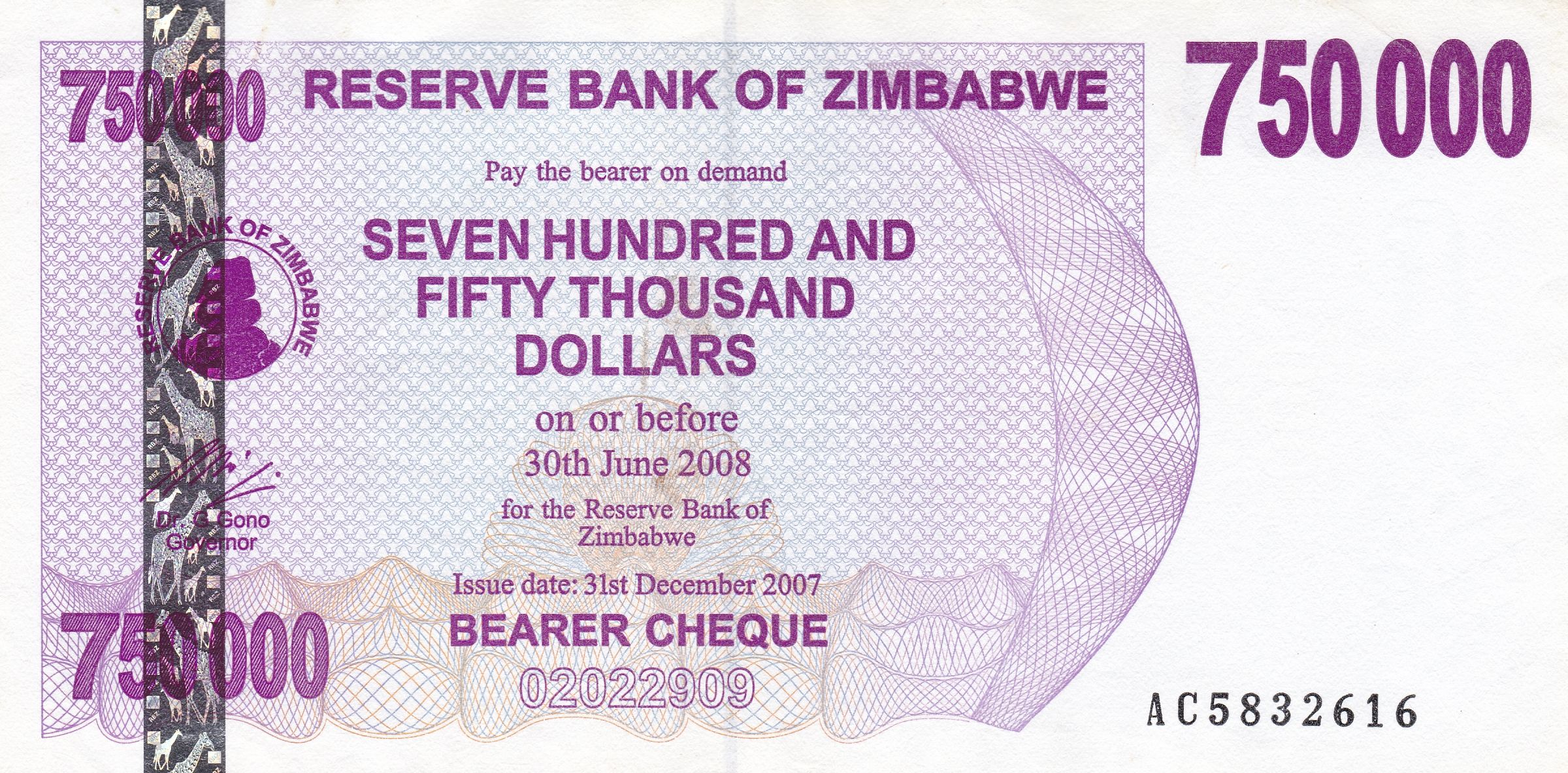 Zimbabwe P-52 750000 Dollars 2007 VF Elephant—Bearer Cheque—Purple