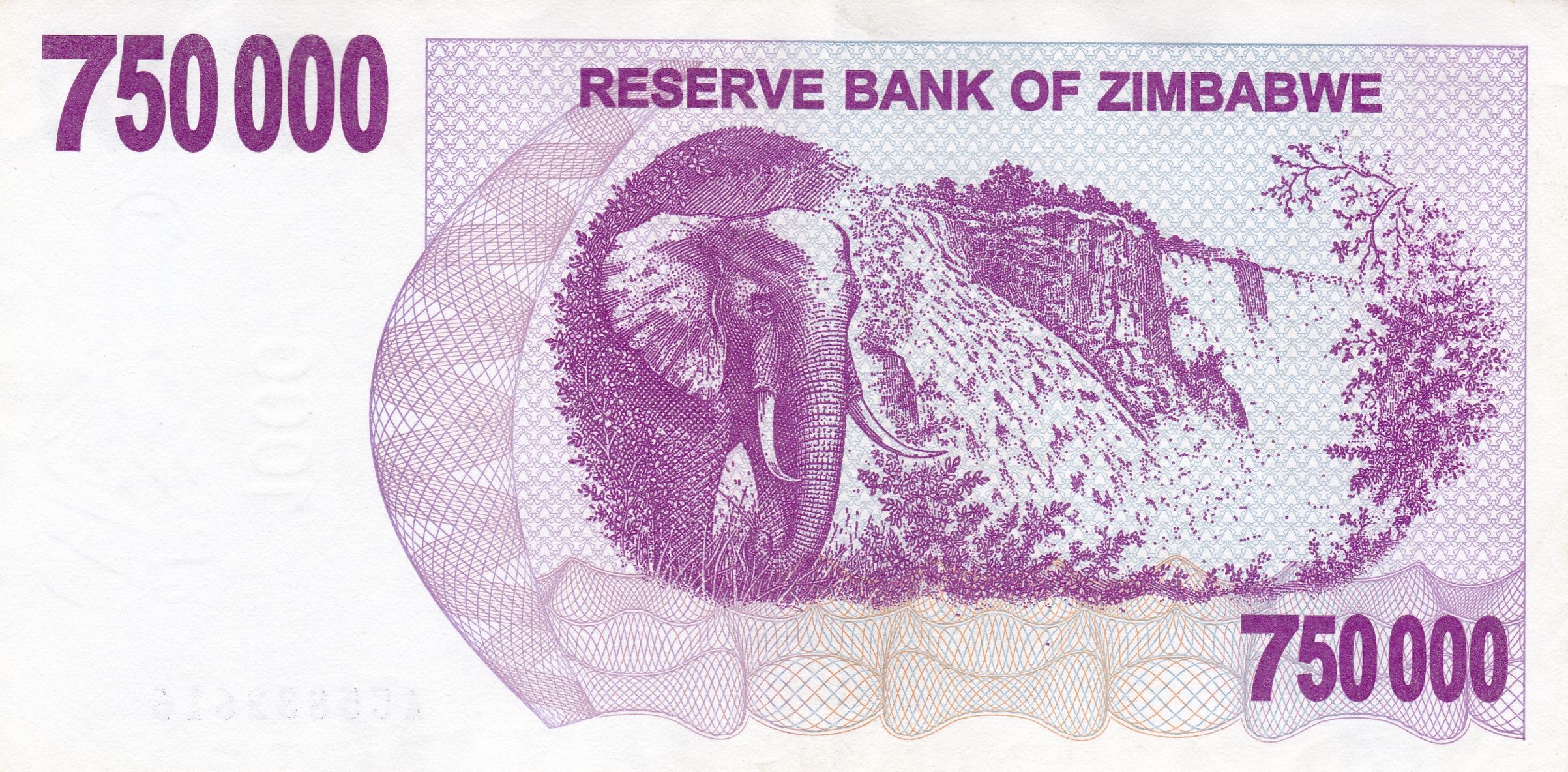 Zimbabwe P-52 750000 Dollars 2007 VF Elephant—Bearer Cheque—Purple