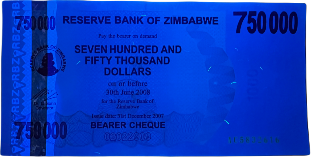 Zimbabwe P-52 750000 Dollars 2007 VF Elephant—Bearer Cheque—Purple