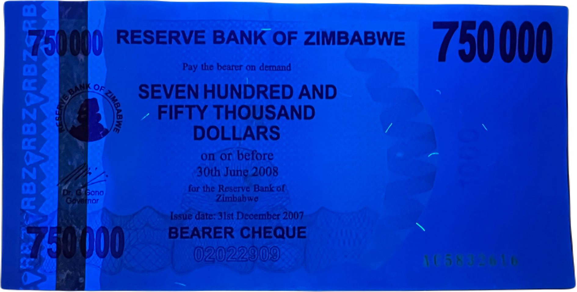 Zimbabwe P-52 750000 Dollars 2007 VF Elephant—Bearer Cheque—Purple