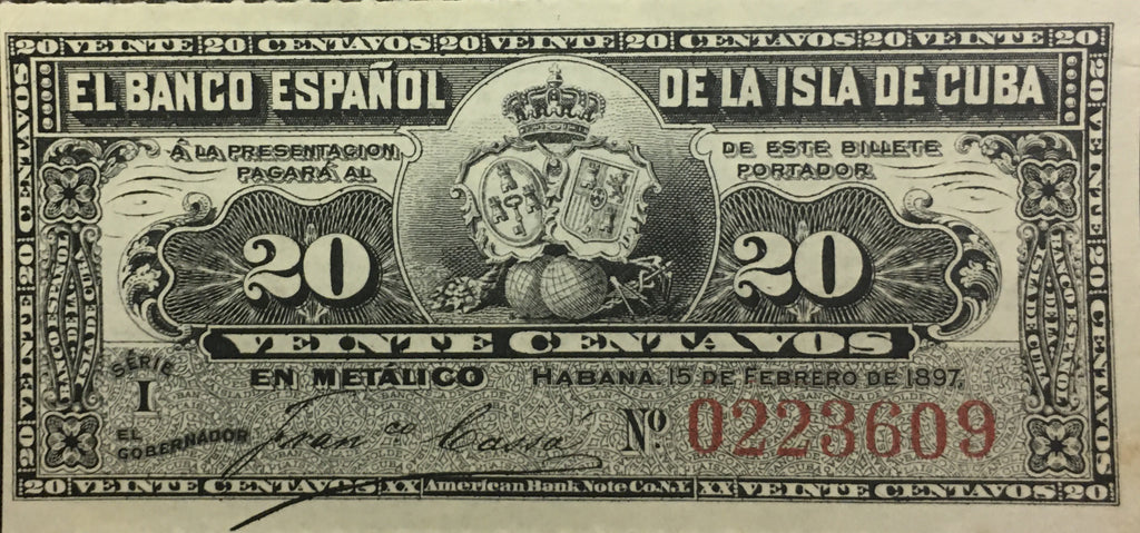 Caribbean P-53 20 centavos 1897 UNC small note H9M