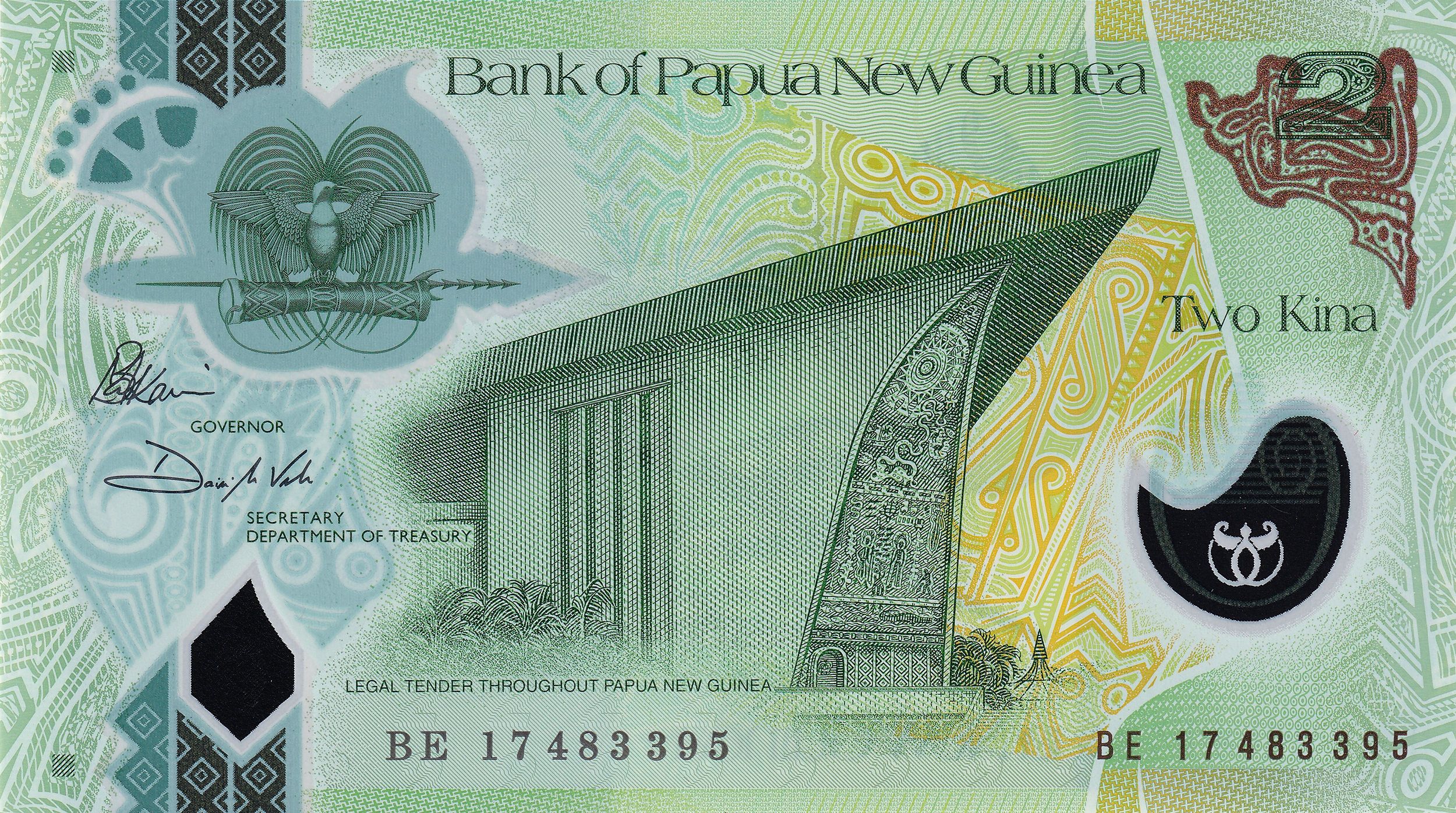 Papua New Guinea P-50 (ws) 2 Kina "reduced size" ND 2023｜Polymer｜axe｜dog teeth