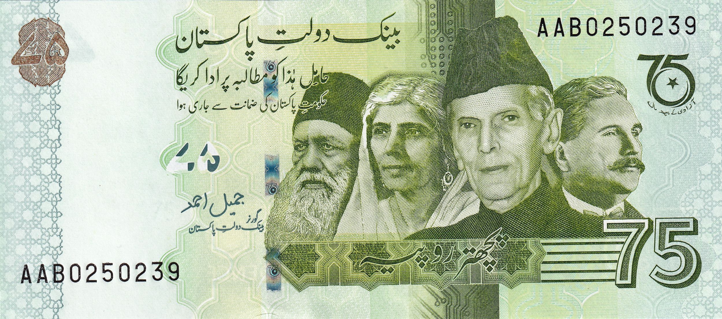 Pakistan P-56 75 Rupees 2022 UNC—4 Founding Figures—Climate Pledge
