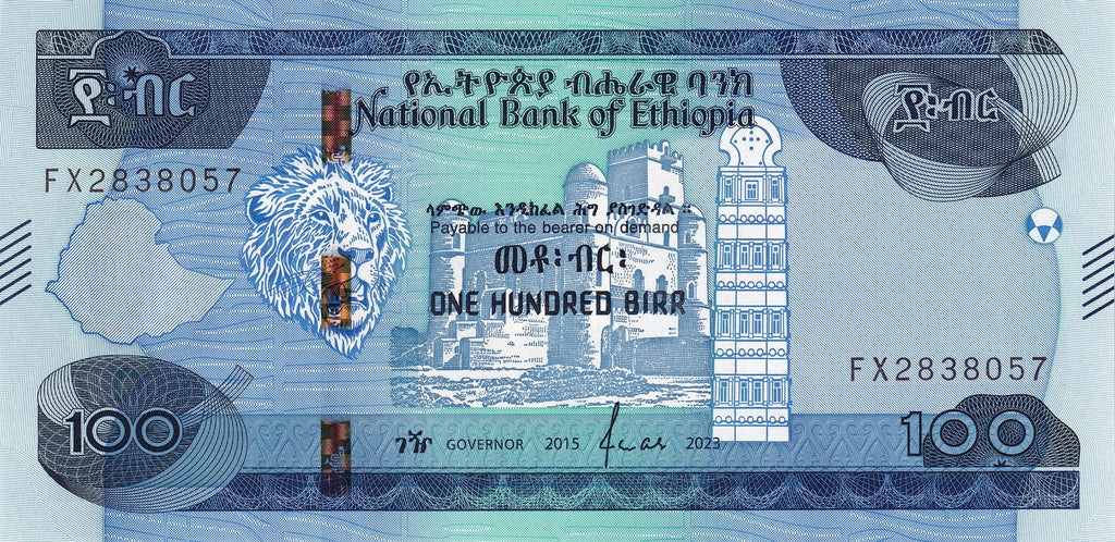 Ethiopia P-57 100 Birr 2023 (2015 EE) VF+ (Very Fine Plus)—Castle— Obelisk—Cave