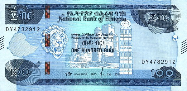 Ethiopia P-57 100 Birr 2023 (2015 EE) VF+ (Very Fine Plus)—Castle— Obelisk—Cave