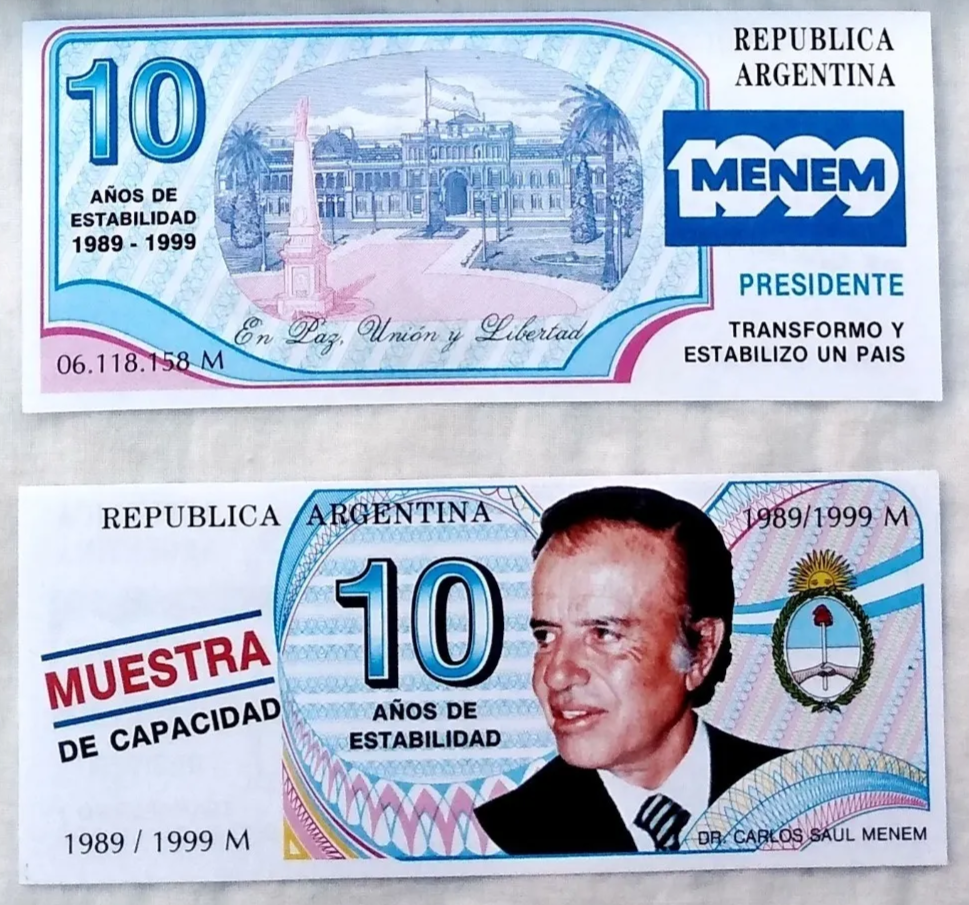 Argentina "Trucho" Exonumia Menem "10 Years of Stability" Numista 239790 D1ML1700