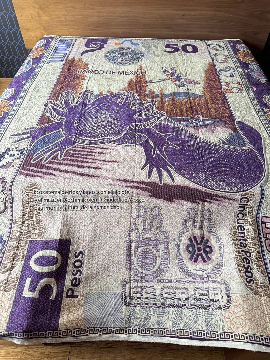 AXOLOTL Queen Blanket design Mexico banknote 50 Pesos Cotton Oaxaca Ajolote1