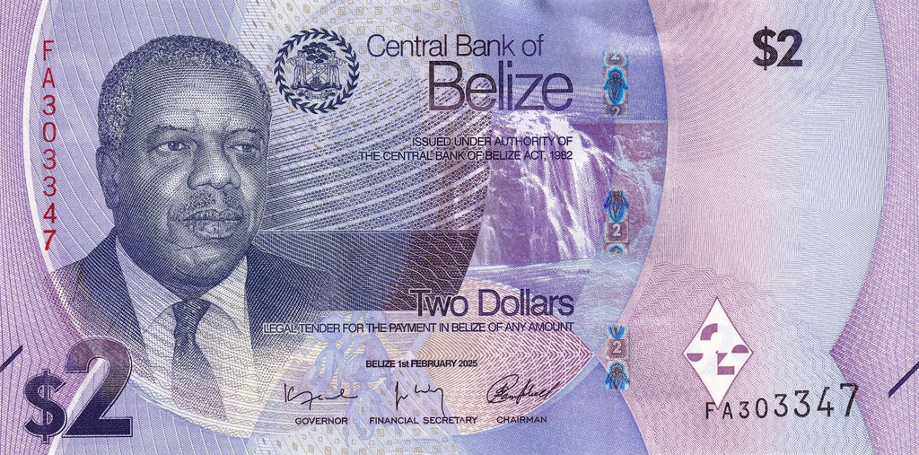 2025 BELIZE WATERFALLS 2 dollars P-73 UNC near Guatemala ex British Honduras D22