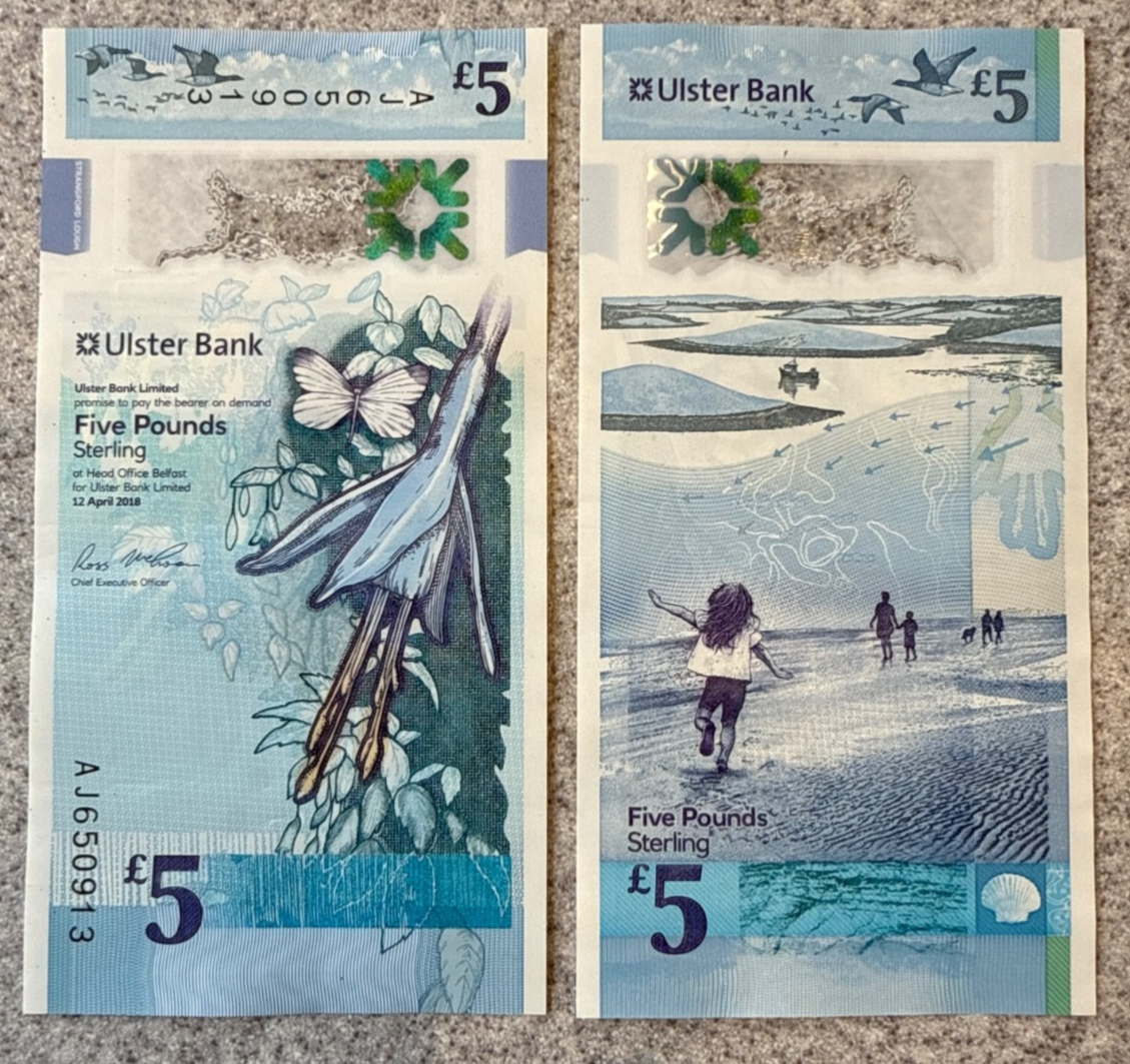 SALE Northern Ireland 5 Pounds 2018 P-343a Ulster Bank Polymer VF+ light folds0