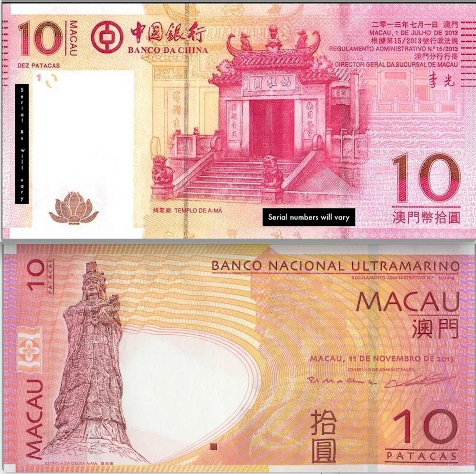 Macau BOTH 10 pataca notes 2013 P-80c(2) and P-108b(2) UNC set of 20