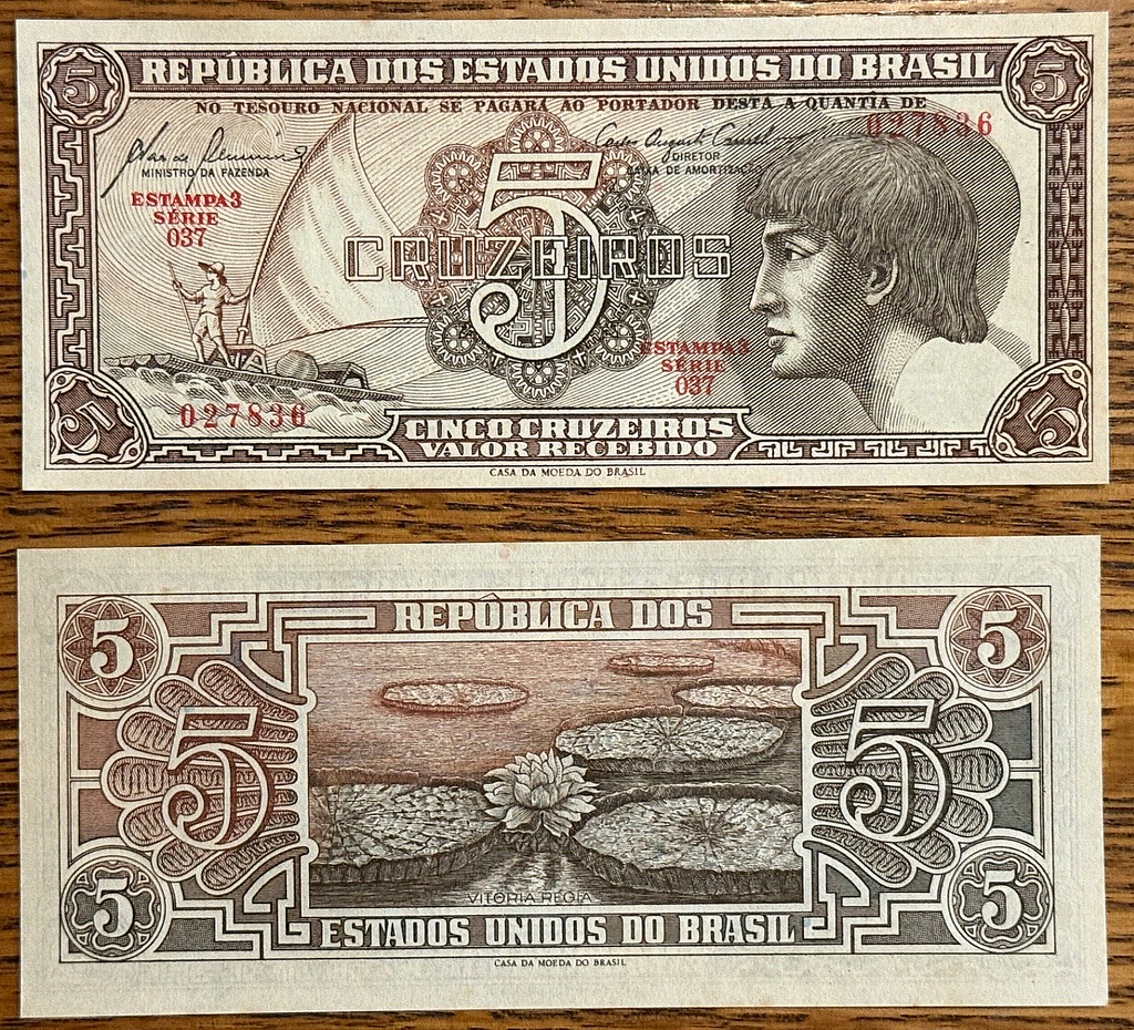 Brazil 5 cruzeiros CRISP XF/AU 1961 P-166a Indio Amazon indigenous Art Deco R50