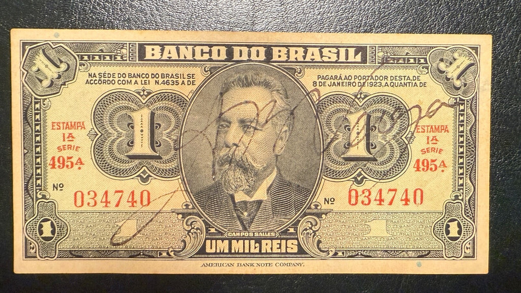 Brazil 1 cruzeiro as 1 mil reis 1000 reis 1944 Hand Signed P-131a C001 VF-XF 52R0