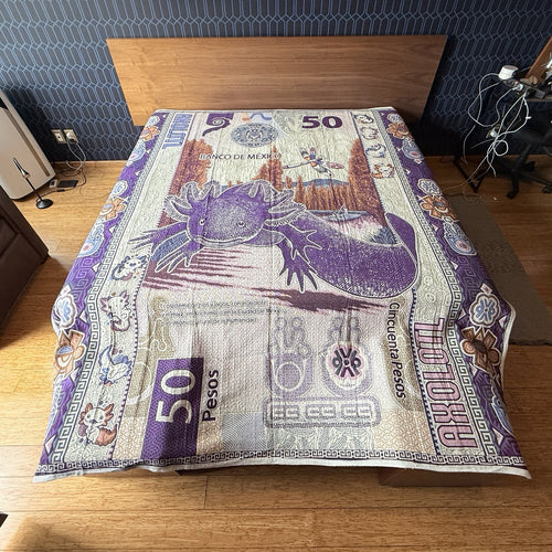 AXOLOTL Queen Blanket design Mexico banknote 50 Pesos Cotton Oaxaca Ajolote0