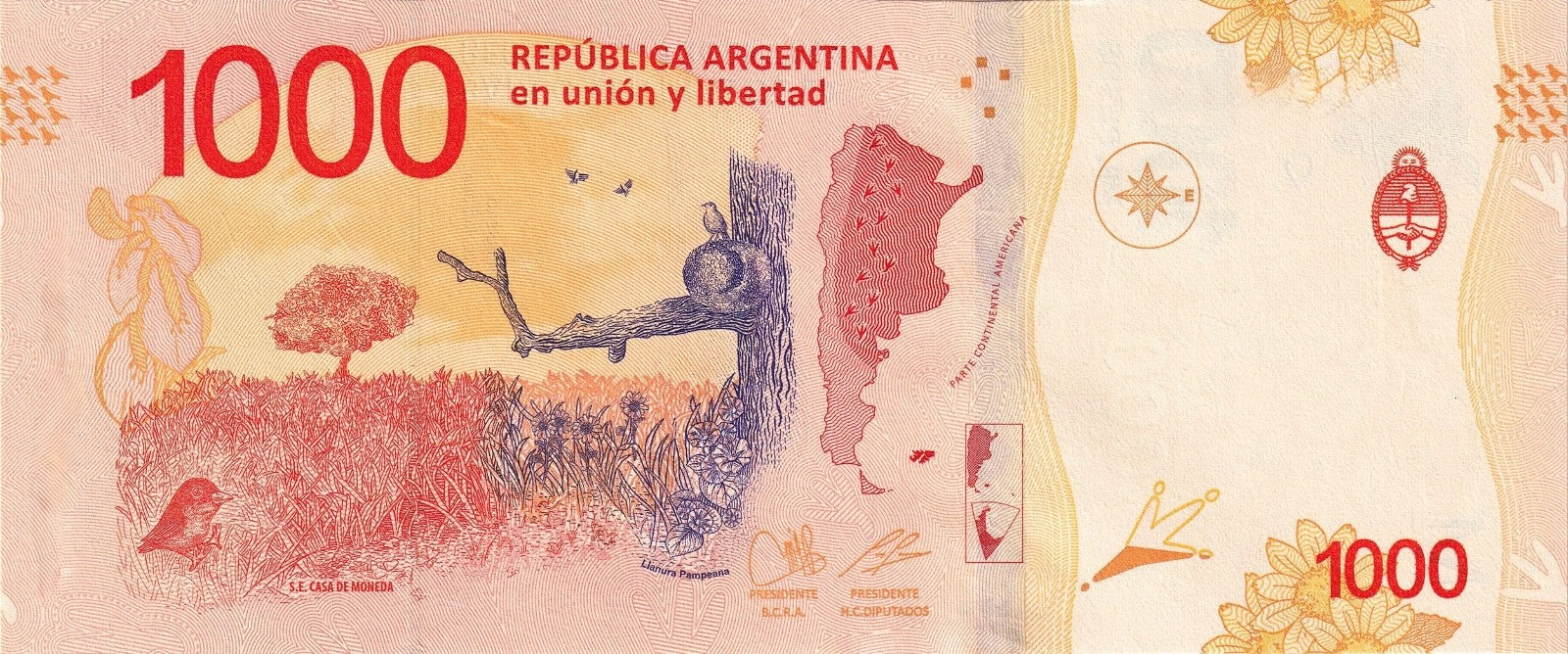 Argentina 1000 pesos P-366 P-366a4 ND 2020-2 UNC hornero national bird 704171