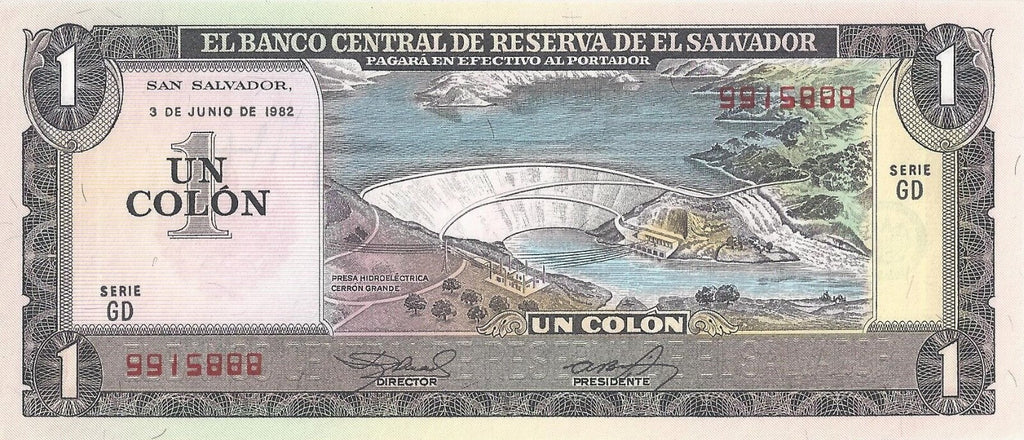 El Salvador 1 colón 1982 P-133A UNC minor yellowing Recuerdo De El Salvador P7E0