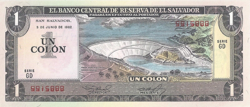 El Salvador 1 colón 1982 P-133A UNC minor yellowing Recuerdo De El Salvador P7E0