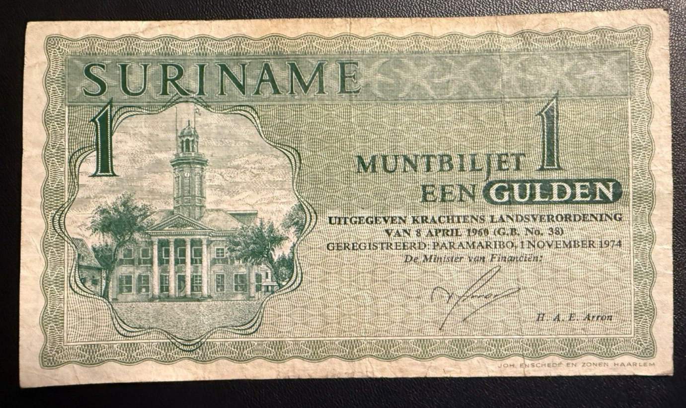 Suriname 1 gulden, rare variant P-116c, 1974 est. VF muntbiljet2