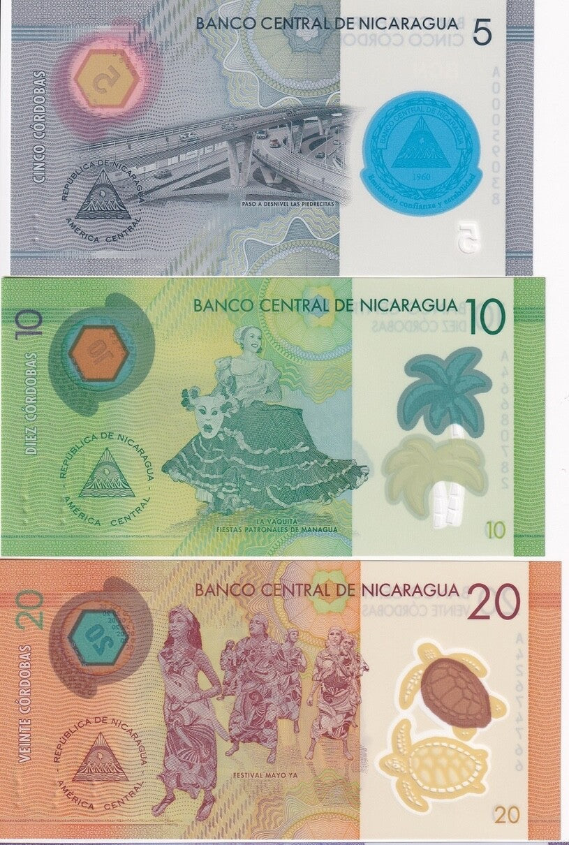 Nicaragua set Polymer UNC 5 10 20 50 cordobas P-209 P-210 2022 P-211 2014 P-NEW0