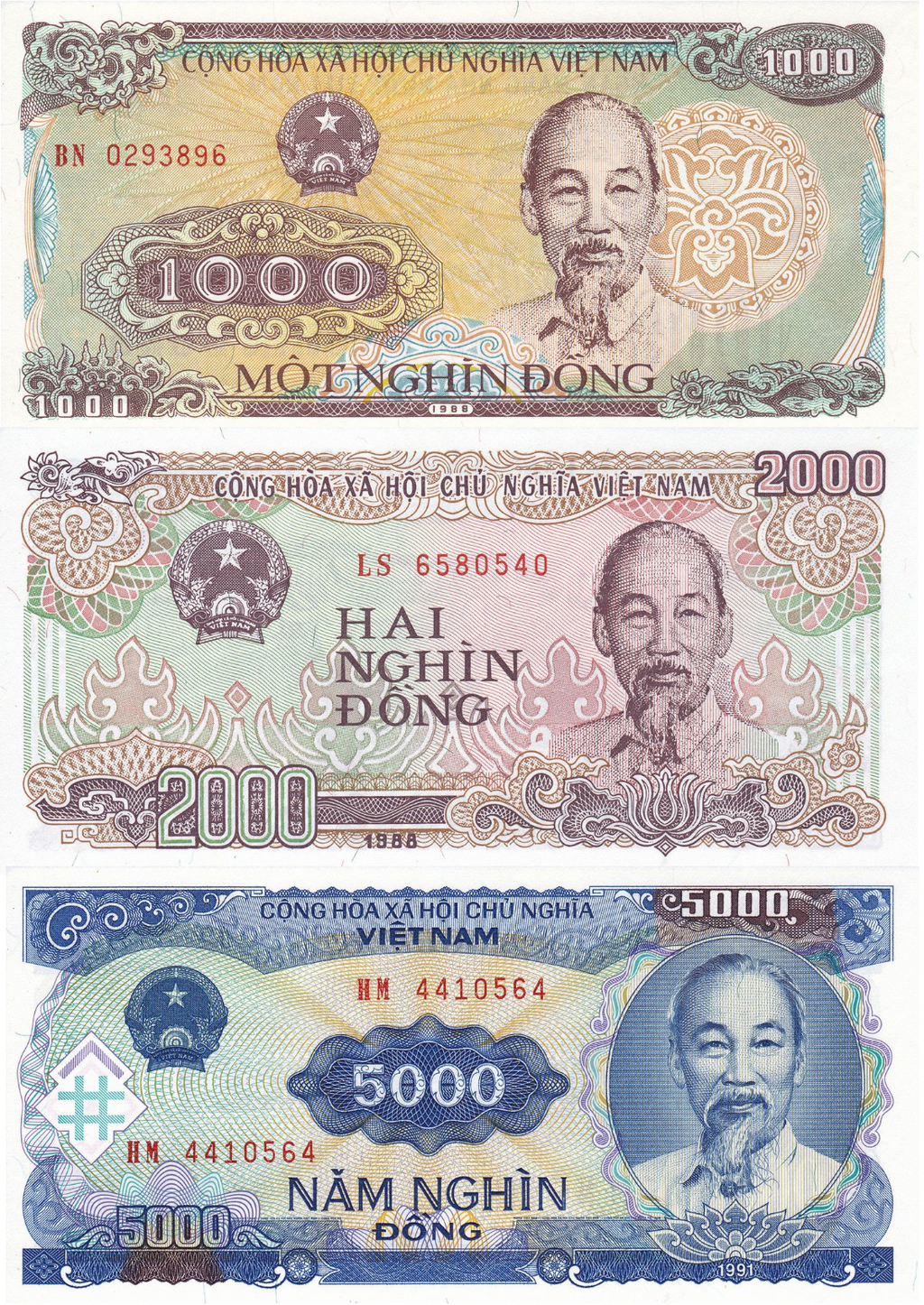 Vietnam COMMUNIST 1000 2000 5000 dong P-106 P-107 P-108 VF #60300 Ho Chi Minh0
