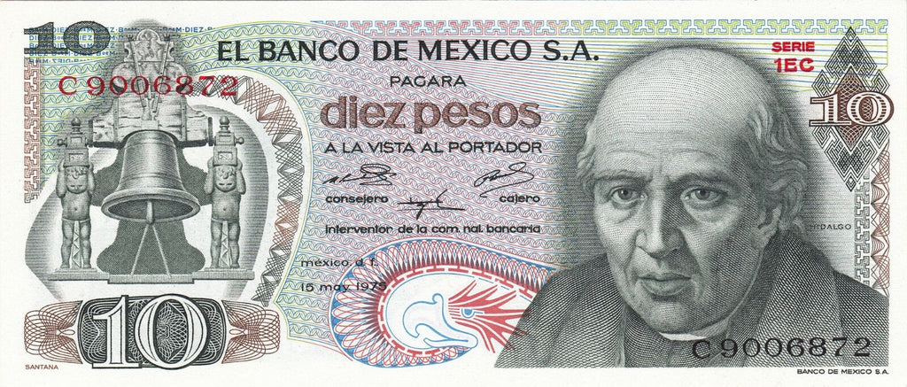 Mexico 10 Pesos 1969–1977 (P-63a-i) — Green XF or better P23P0