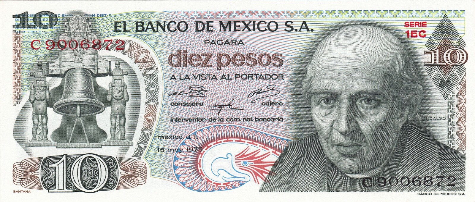 Mexico 10 Pesos 1969–1977 (P-63a-i) — Green XF or better P23P0