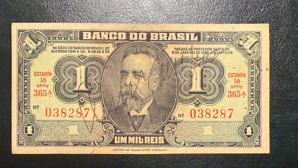 Brazil 1 cruzeiro as 1 mil reis 1000 reis 1944 Hand Signed P-131a C001 VF-XF 52R4