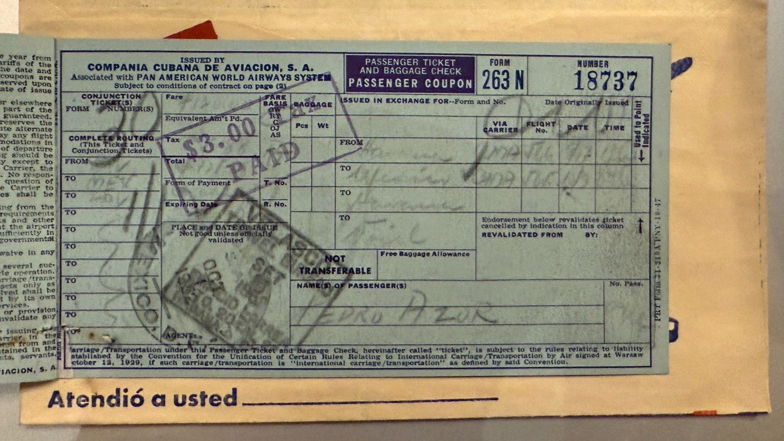 SUPER RARE Cubana Airlines 1950s  Ticket & Jacket 1952 Havana Pan Am 3