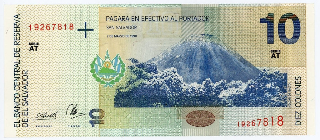 El Salvador Money RARE 10 colones 1998 UNC P-148 Salvadoran Pride volcano D151