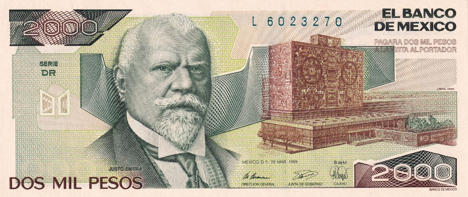 Mexico 2000 pesos 1983–1987 P-82/P-86 XF or better Sierra/UNAM/O'Gorman B3320