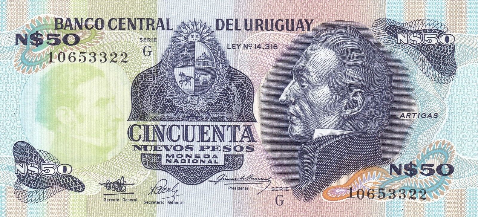 Uruguay 50 nuevos pesos 1989 P-61A CRISP UNC series G - combine shipping!0