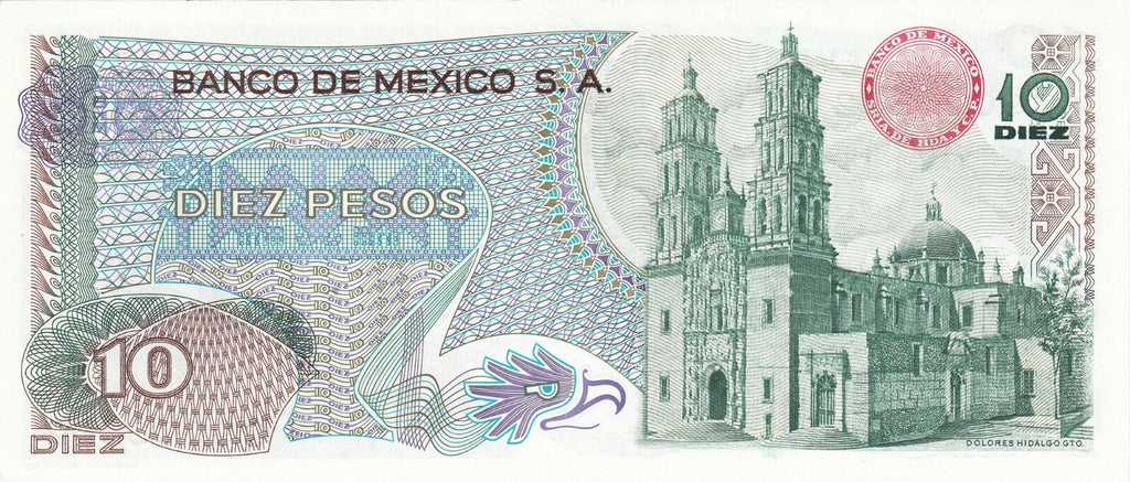 Mexico 10 Pesos 1969–1977 (P-63a-i) — Green XF or better P23P1
