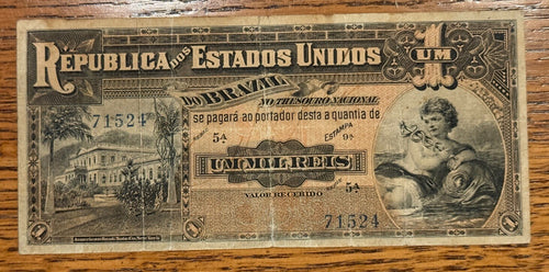 Brazil 1 Mil Reis 1000 Reis P-5 R076 1918 VF item R340590