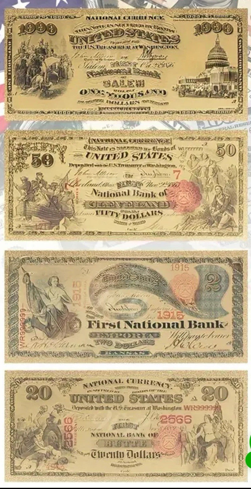 United States 1875 Set Of 8, Foil Style Of 1-1000 Dollar Bills From Year 18752