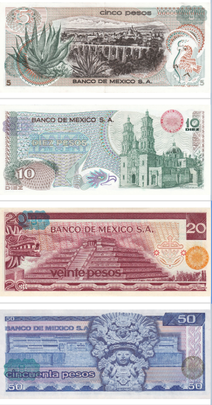Mexico XF or better  8-piece set 5 10 20 50 100 500 1000 2000 pesos 1969–19871