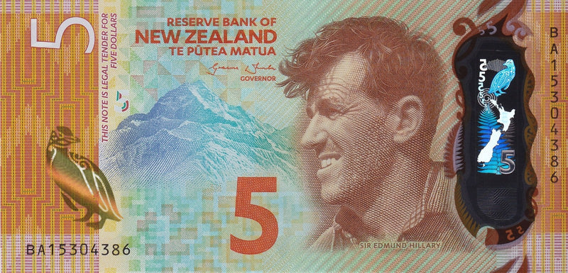 New Zealand 5 dollars 2015 P-191a UNC Penguin Hillary Everest D5 E8750