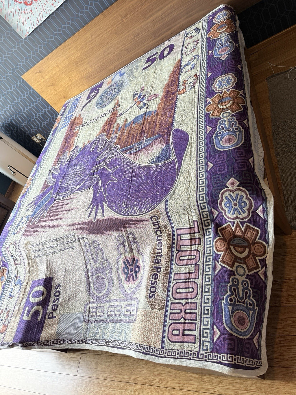 AXOLOTL Queen Blanket design Mexico banknote 50 Pesos Cotton Oaxaca Ajolote3