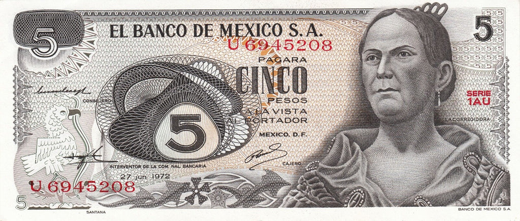 Mexico 5 pesos P-62 1969–72 XF or better La Corregidora/Querétaro Aqueduct B0410