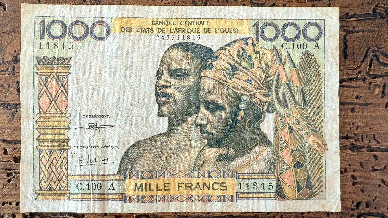 West African States IVORY COAST 1000 francs P-103Ai s/n 11815 NO TARIFFS to USA0