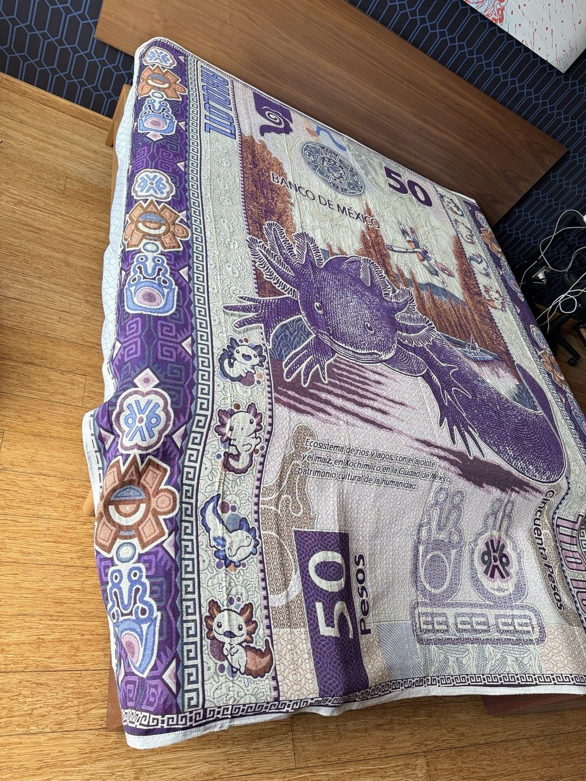 AXOLOTL Queen Blanket design Mexico banknote 50 Pesos Cotton Oaxaca Ajolote2