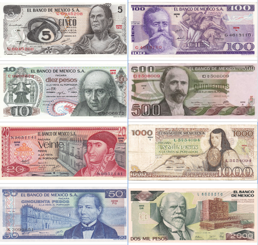 Mexico XF or better  8-piece set 5 10 20 50 100 500 1000 2000 pesos 1969–19870