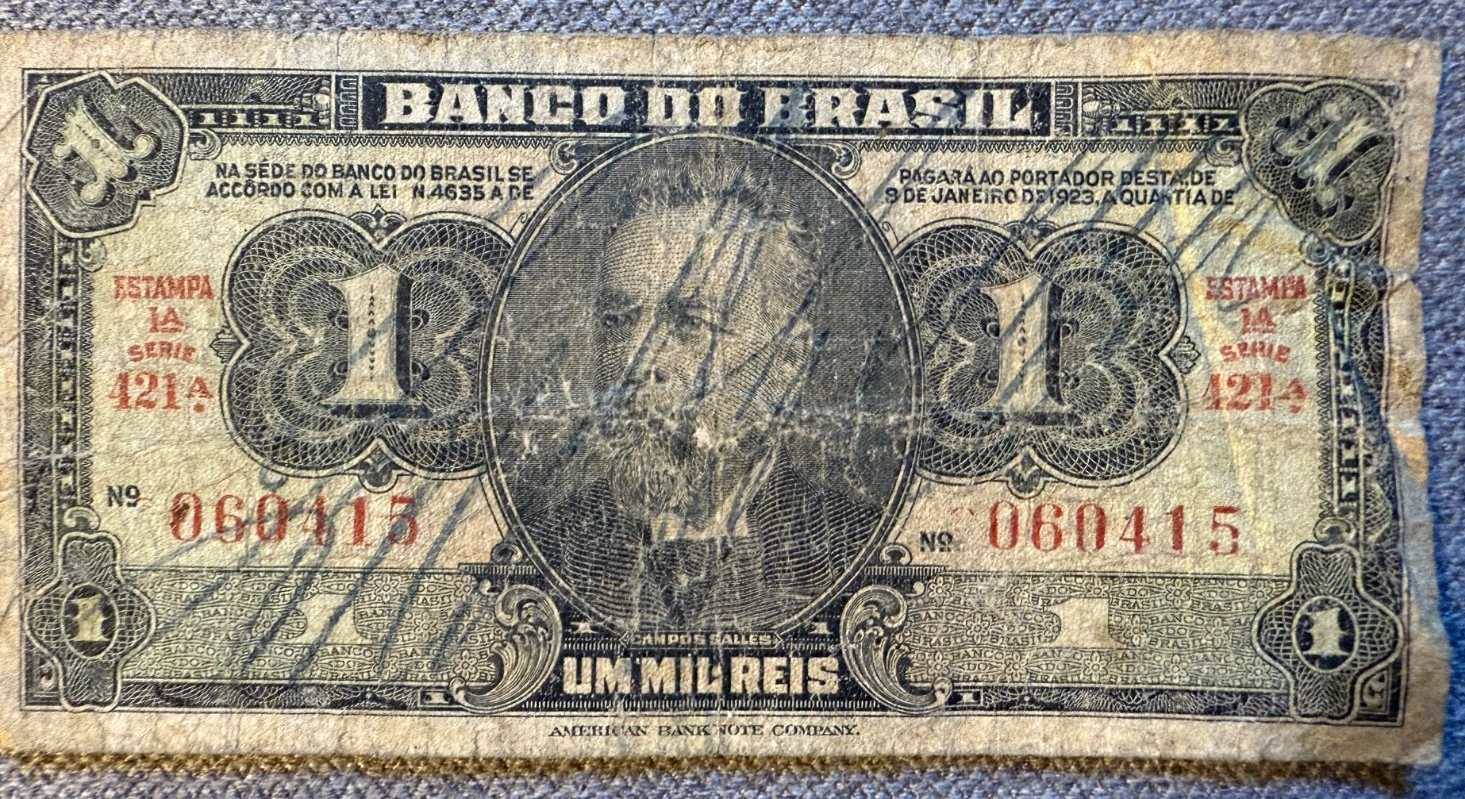 Brazil 1 cruzeiro P-131A 1944 (reused 1000 reis/mil reis) “MANOLITA” handsigned0