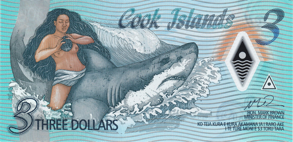 Cook Islands P-11 W11 B111 3 Dollars (2021) UNC Polymer Woman/Shark