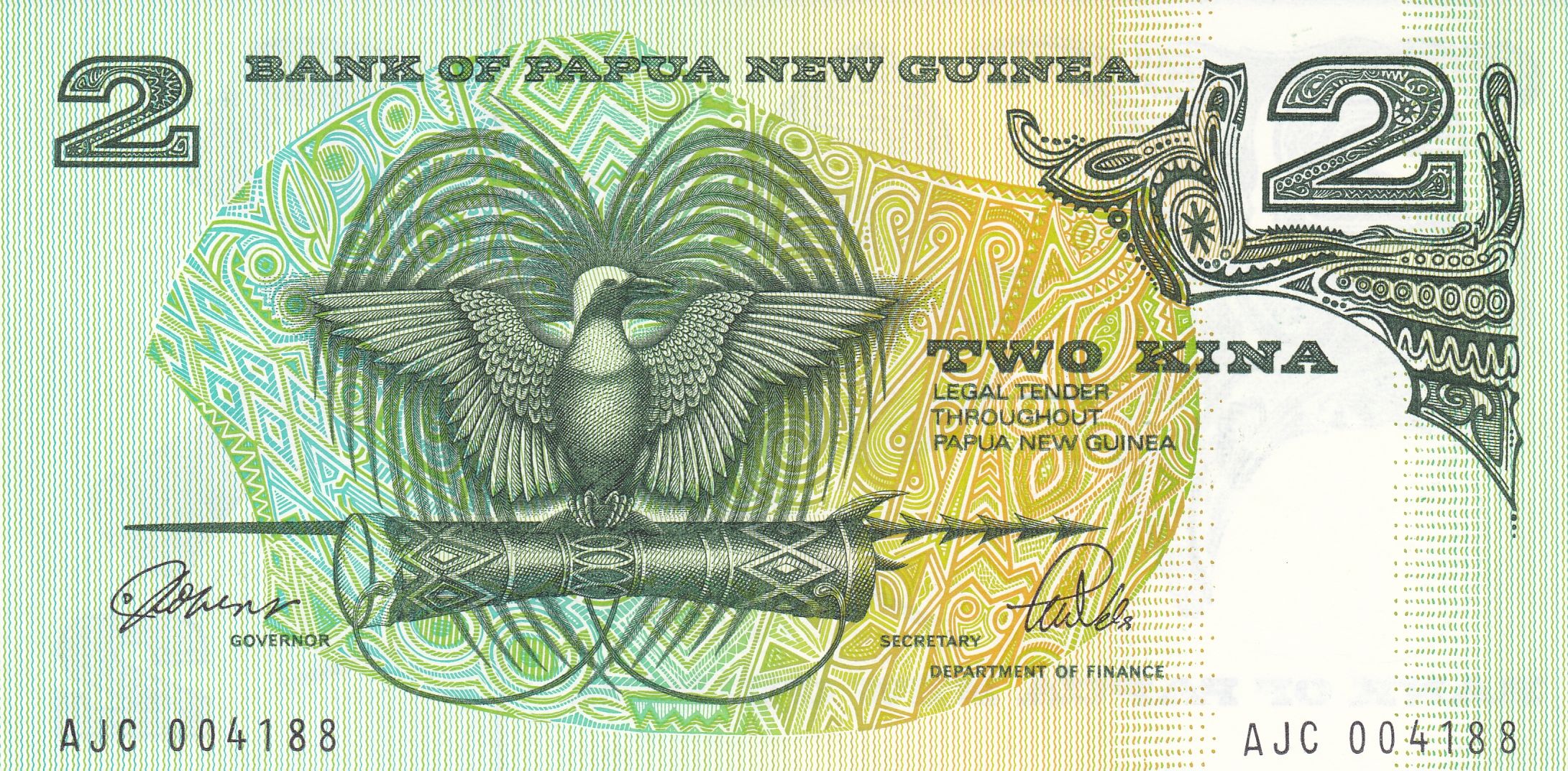Papua New Guinea P-5c 2 Kina ND 1989-1991 UNC uncirculated—Bird of Paradise