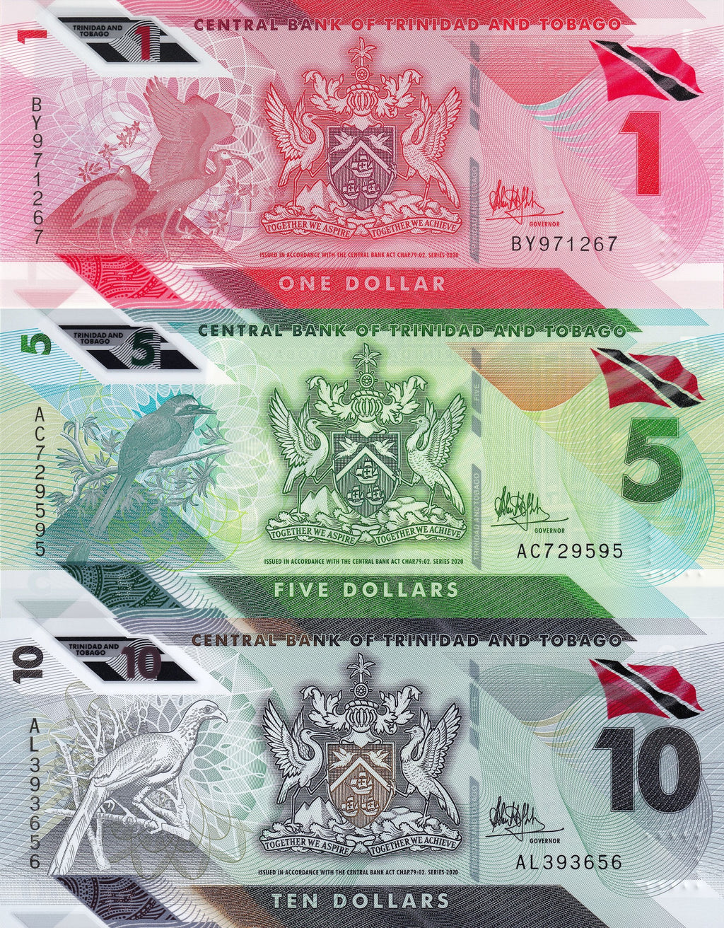 Trinidad and Tobago P-60 P-61 P-62 Current 3 pc Set Polymer 1 5 10 dollars 2020 UNC
