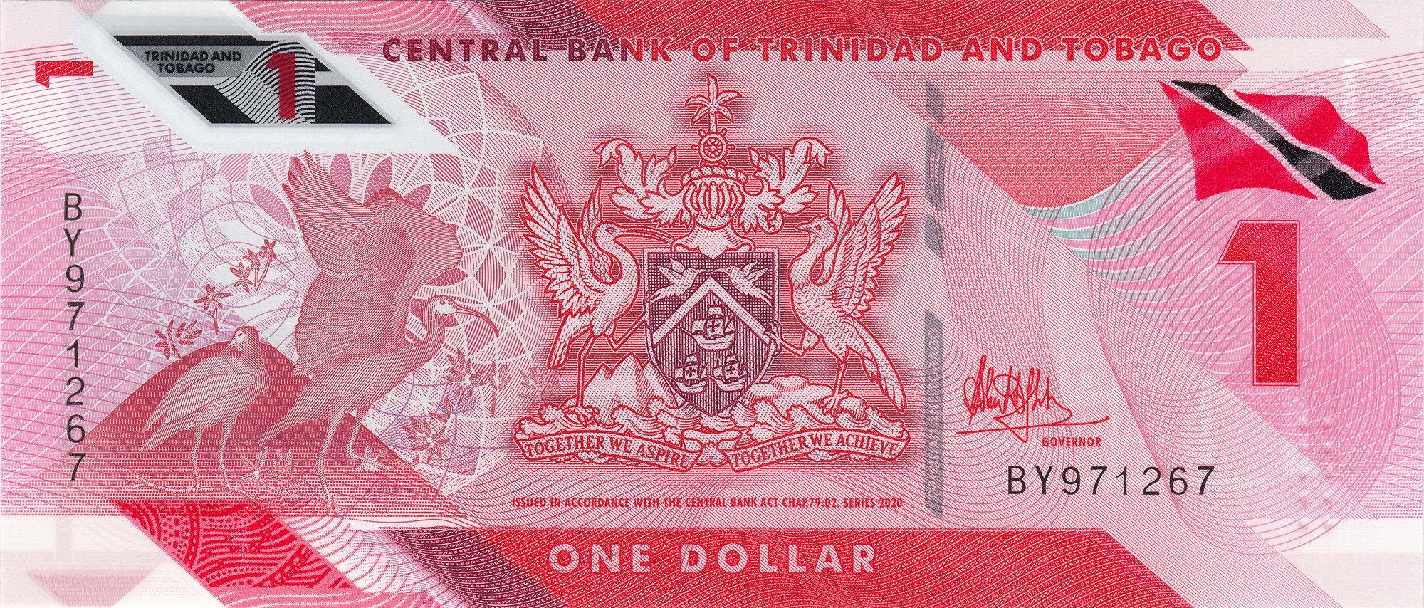 Trinidad and Tobago P-60 1 dollar UNC ｜Polymer｜Scarlet Ibis Bird