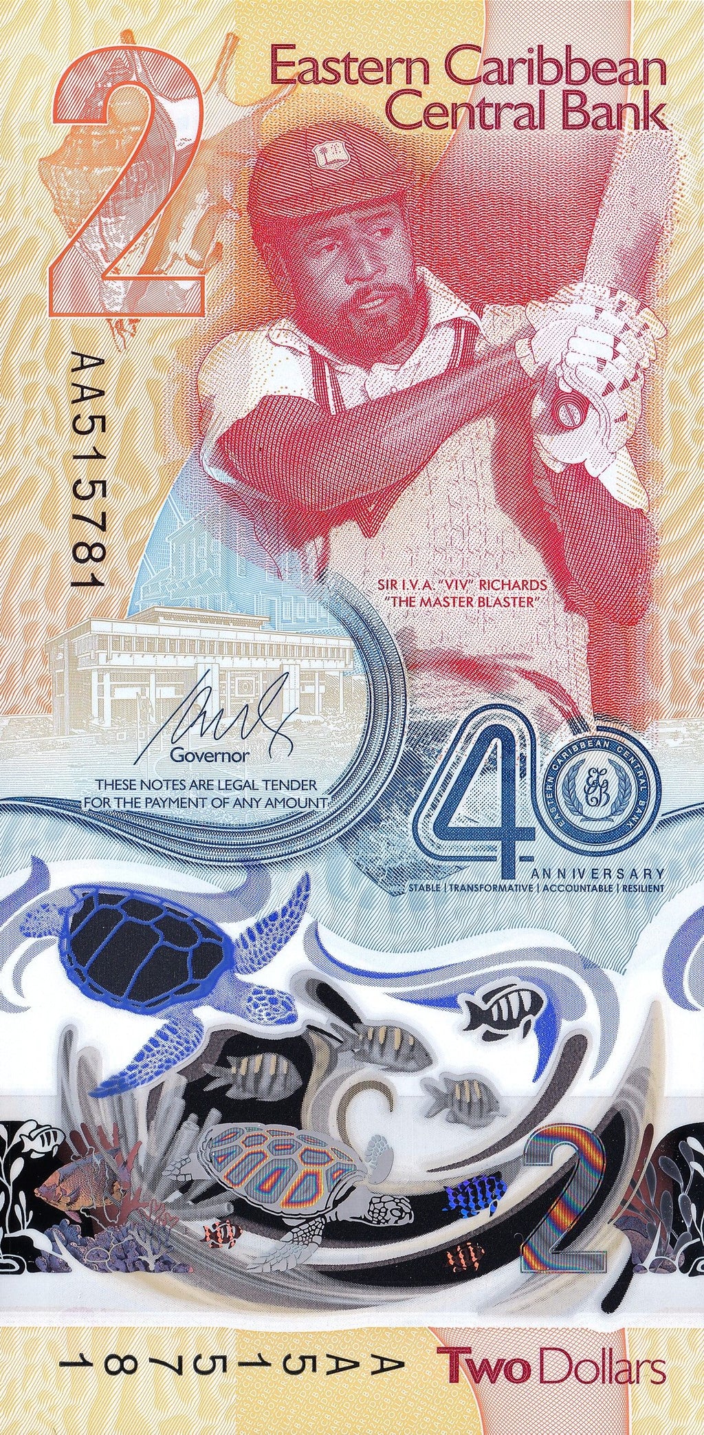 East Caribbean P-61 2 dollars 2023｜Polymer｜Cricket｜Marine Life｜Banknote of the Year